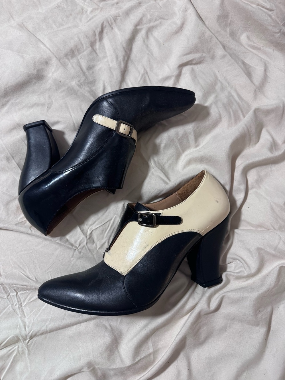 Fluevog Two-Tone Black and Cream loafer Heels